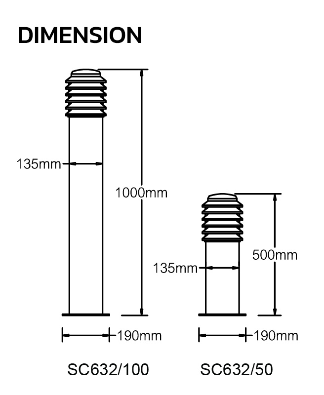 DIMENSION-โคมไฟสนามหญ้า บานเกล็ดหัวหมวก รุ่น-SC632- 