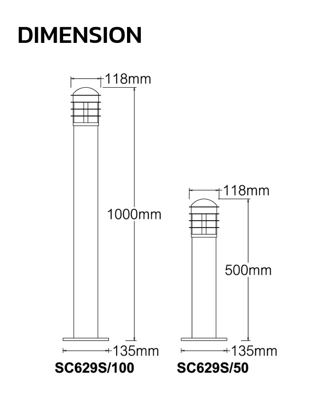 demensionโคมไฟสนามหญ้า ญี่ปุ่นขนาดเล็ก รุ่น SC629S